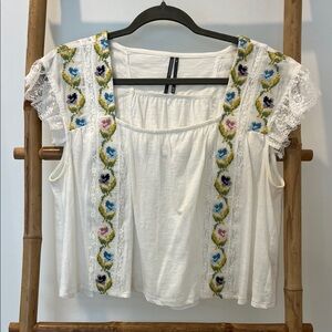 Anthropologie White Floral Embroidered Blouse